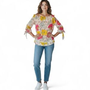Trina Turk 100% Silk Off The Shoulder Floral 3/4 Length Sleeve Blouse Small
